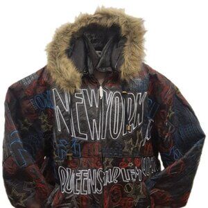 Men’s New York Embroidery Soft Leather Classic Jacket with Fur Hood